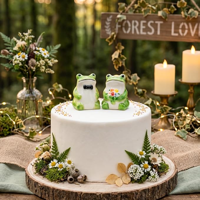 Hoteam 2 Pcs Frog Topper Couple Wedding Cake Toppers Decor Vintage Elegant Ceramics Wedding Decor Novios Para Pastel for Anniversaries Engagement Party Bridal Showers Romantic Desk Decoration