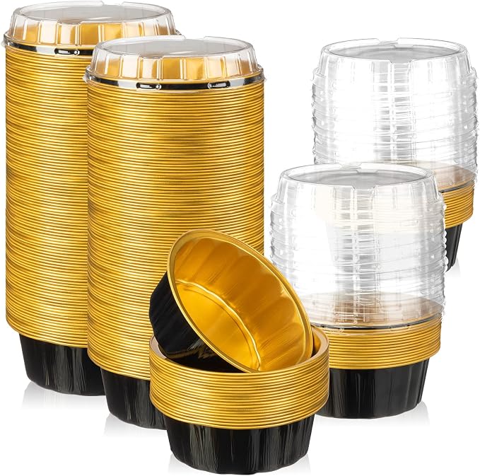 Tessco for you 100 Pcs Disposable Ramekins with Lids 8 oz Creme Brulee Ramekin Aluminum Foil Cup Cupcake Liner Baking Valentines Disposable Muffin Tin Pan Cheesecake Container (Black,Gold)