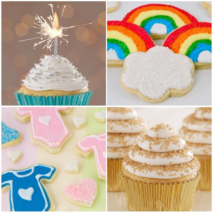 Cake Mate Shimmer Decorating Sugar 4-Pack – Gold, Silver, White, and Pearlescent – Edible Decorating Sugar for Cookies, Cupcakes, and Holiday Treats – 2.2–2.5 oz Bottles