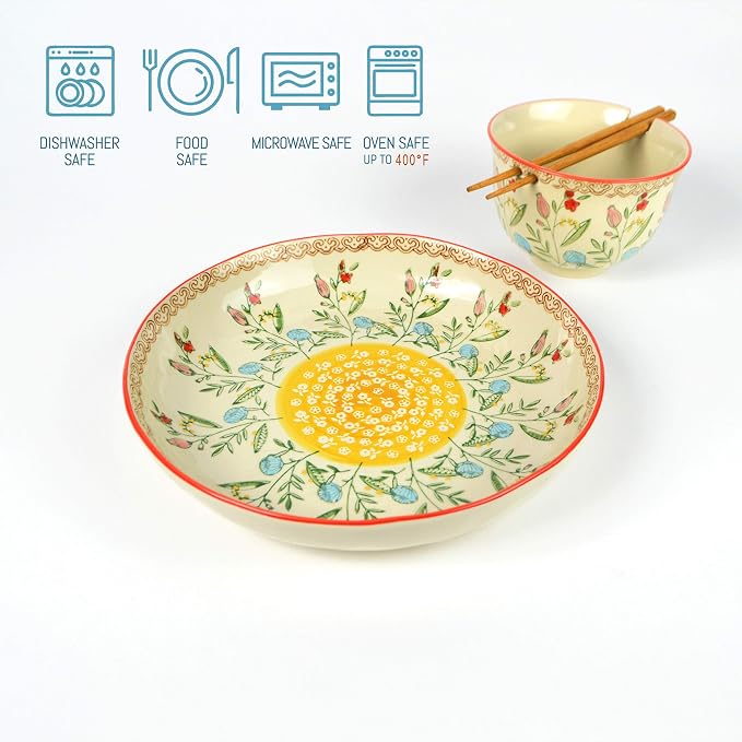 Ceramic Ramen Bowl Set | Ella Collection by Euro Ceramica | Salad Soup Ramen Bowl 2 Sizes Included with Chopsticks | Microwaveable Bowl for Ramen, Noodles, Pho, and Udon - Red Floral Design