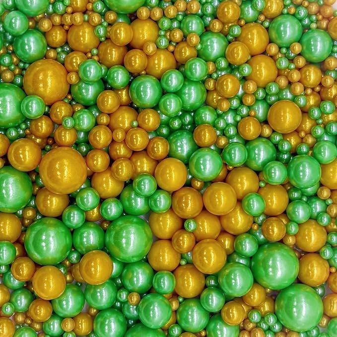 Dynastang Mixed Size Dark Green & Gold Pearls Sprinkles Edible Pearls Cake Decorations Cupcake Toppers Decorating Perfect for Cakes, Cupcakes, Desserts 3OZ