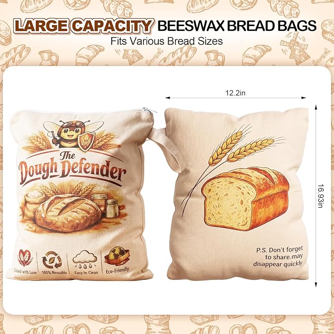 FunMular 2 Pack Reusable Beeswax Bread Bags for Homemade Bread Sourdough - XL Linen Cotton Bees Wax Bread Bags with Wide Sealing Zip to Keep Loaves Fresh Longer