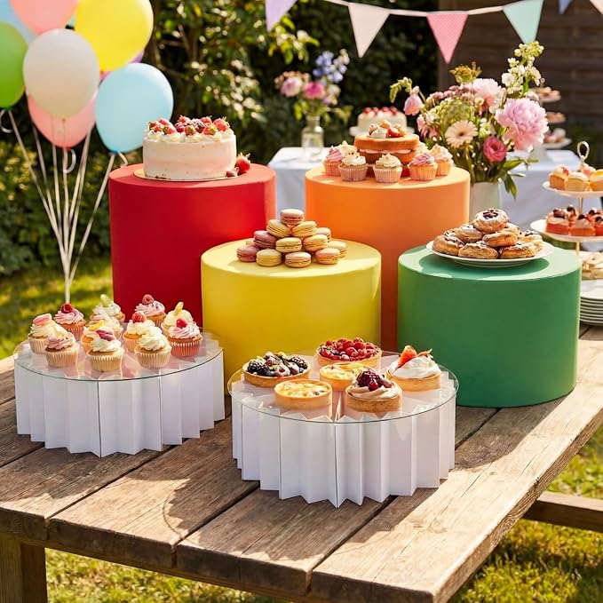 6 Pack Cylinder Cake Stand with Covers Acrylic & Cardboard Foldable Cake Stand Buffet Risers Catering Displays & Food Stands Heavy-duty Rainbow Color Riser Columns(Colorful)