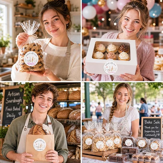120 x Baked with Love Write On Bakery Stickers for Cookie Bags, Sourdough Bread, Jam Jars & Homemade Gifts, Writable Baking Labels for Home Bakers, Farmers Market & Small Business Packaging 2''