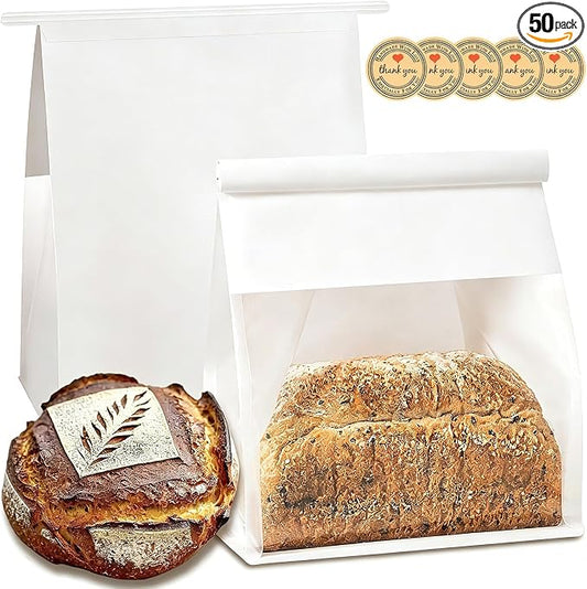 Heavy Duty Large Paper Bread Bags with Tin Tie Tab Lock 50pcs, Loaf Bag with Clear Front Window, Storage Packaging Treat Bag for Bakery Cafe Homemade Bread 10.6” × 4.3” × 8.7” - White