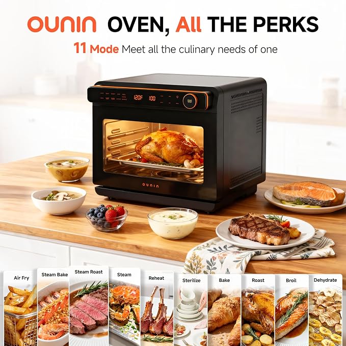 OUNIN 24L Steam and Air Fryer Combo Countertop Oven,11-in-1 Convection Baking and Steam,Bake,Broil,Dehydrate,304 Stainless Steel,Fast Cooking with Precise Electronic Temperature Control,for Gifting