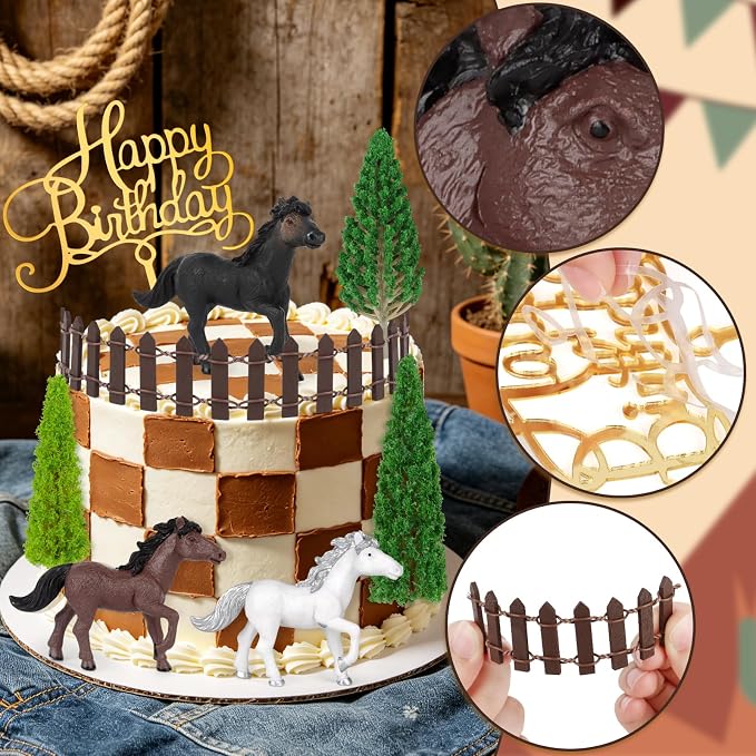 Hooqict 9Pcs Horse Cake Decorations Set with Happy Birthday Cowboy Cake Toppers for Western Cowboy Themed Horse Birthday Party Decorations Supplies
