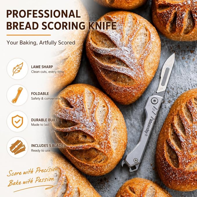 Premium Bread Lame, Stainless Steel Sourdough Scoring Tool with Foldable Safe Design, Bread Dough Scoring Knife with 5 Replacement Blades