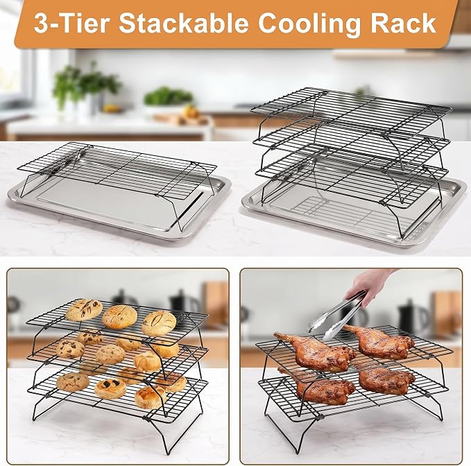 Antenat 3-Tier Stackable Cooling Rack – 15.8"x10" Heavy Duty with Legs,Collapsible & Stackable For batch cooling cookies,Cake, Pizza, Bread, Sourdough, Oven & Dishwasher Safe