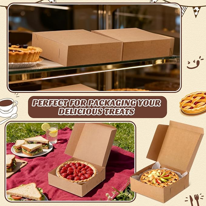 36 Pack Pizza Bakery Boxes 8" x 8" x 3" Kraft Square Bakery Boxes for Pie, Cookies, Cheesecake, Chocolate Covered Strawberries, Dessert Brown Paper Cardboard Container for Treats