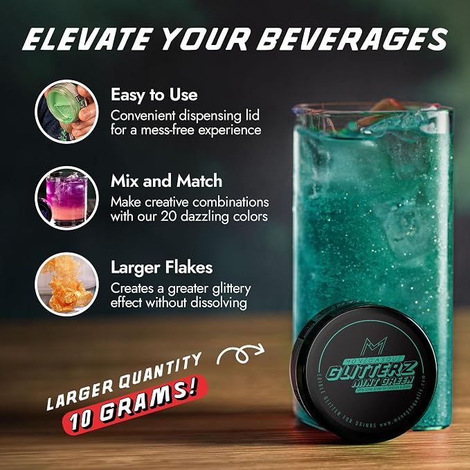 MONÉGASQUE Mint Green Edible Glitter for Drinks 10g – Edible Glitter for Cakes & Cocktails – Green Food Coloring Spray for Cake Decorations – Cocktail Drink Shimmer Powder – Cake Sprinkles