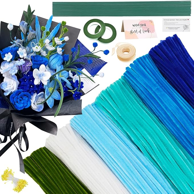 AHAMETON 620Pcs Blue Pipe Cleaner Flower Kit, 6 Colors Bulk Pipe Cleaners Craft Supplies with Wires, Stamens, Ribbon, Tapes, Card, DIY Flower Making for Gifts Home Decoration, Party School Crafts