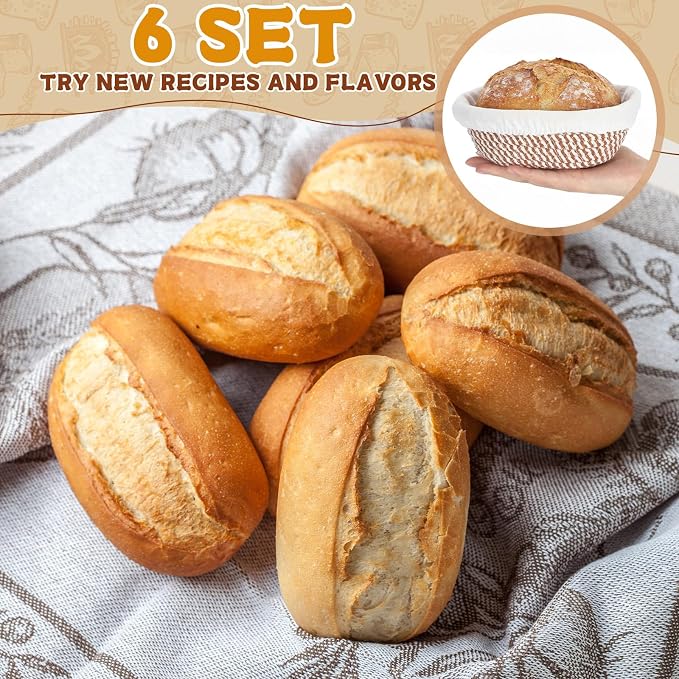6 Set 6.9 Inch Mini Banneton Bread Proofing Basket Natural Cotton Rope Proofing Bowls Kit with Cloth Liner Small Sourdough Bread Baking Supplies for Home Baking (Brown)