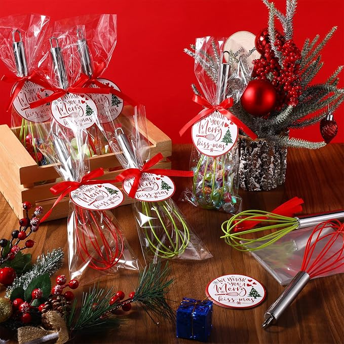 FoldTier 36 Sets 10 Inch Christmas Whisks Gifts DIY Fillable Christmas Tree Ornaments Xmas Colored Silicone Whisks for Cooking Heat Resistant Egg Beaters with Card Rope Bag for Candy Holder