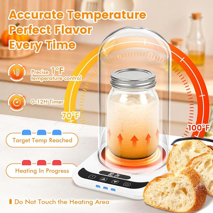Sourdough Starter Warmer with Glass Dome, Sour Dough Warmer & Glass Cover - 70-100°F Precise 1°F Thermostat Control & 12H Timer Auto Warming ON/Off, Sourdough Heating Mat for 24oz 34oz 40oz Jars
