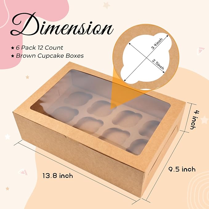 NPLUX 6 Pack Cupcake Boxes, 12 Count Cupcake Containers with Window and Cardboard, Food Grade Cupcake Carrier For Muffins Cupcakes Desserts (Brown 13.8×9.5×4 In)
