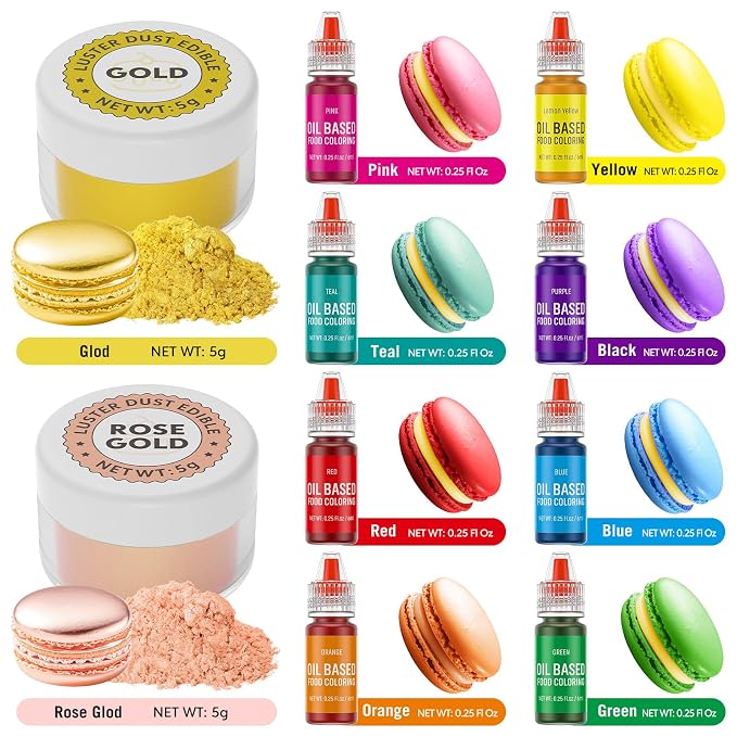 Luster Dust 2 Color & Oil Based Food Coloring for Chocolate 8 Color Set, Edible Food Dye and Shimmer Cake Dust Metallic Food Coloring Powder Glitter for Chocolate Candy Cake Decorating Baking Cookie