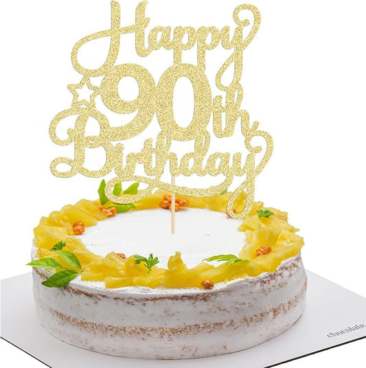 1 Pack Happy 90th Birthday Cake Topper Gold Glitter 90 & Fabulous Cheers to 90 Years Old Birthday Cake Pick for Celebrating 90th Birthday Anniversary Party Cake Decorations Supplies