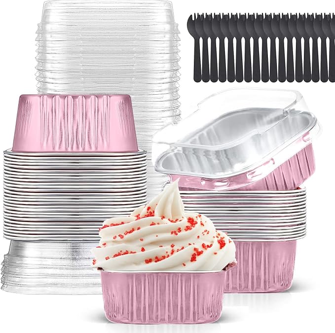 10oz Mini Cake Pans with Lids (40 Pack) Aluminum Foil Square Cupcake Liners Brownie Baking Cups,Disposable 4”x4” Large Cupcake Pan,Jumbo Muffin Tin Ramekins Holders