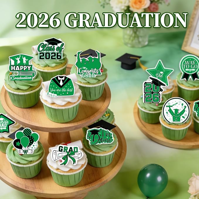 48pcs Edible 2026 Graduation Cupcake Toppers Wafer Paper Green Class of 2026 Cake Decorations Edible Congrats Grad Cupcake Picks for 2026 Graduation Theme Party Cake Supplies