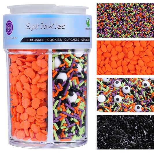 Halloween Sprinkles Edible for Cake Decorating, 8Oz Sprinkles with Black Orange Purple Nonpareils and Jimmies, Eyeball, Black Sugar and Orange Pumpkin for Cupcakes Cookie Ice Cream Baking Topping