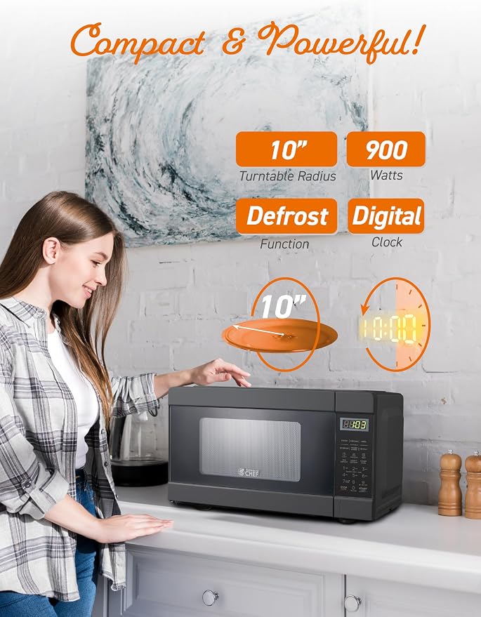 COMMERCIAL CHEF 0.9 Cu Ft Microwave with 10 Power Levels, Push Button and Child Lock, Digital Controls, Countertop Microwave with Timer and Quick-Touch Menu, Black