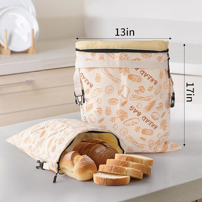 Bread Bags for Homemade Bread, 2 Pack XL Reusable Beeswax Organic Linen Cotton Sourdough Bags with Zipper Seal to Keep Bread Fresh (ecru and multicolored)