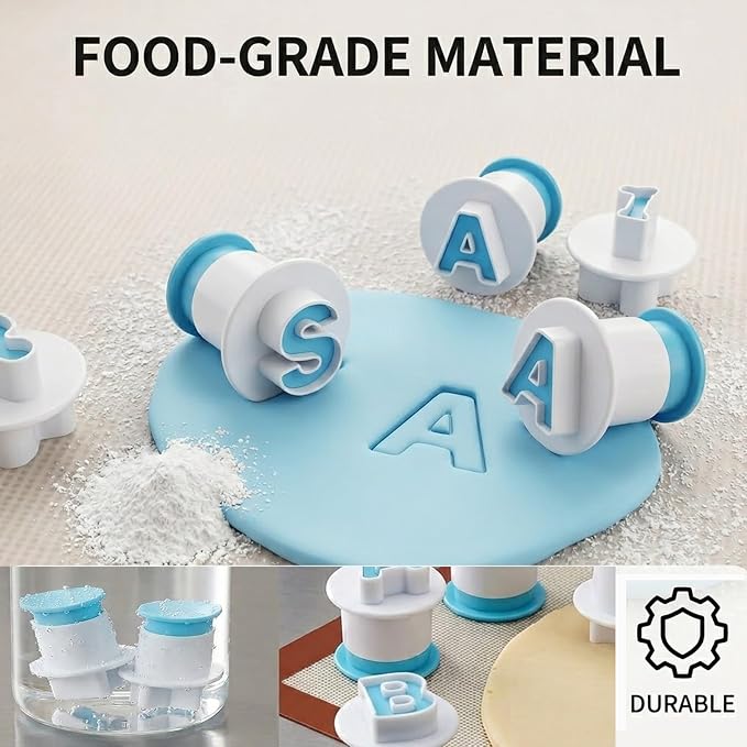 36 Pieces Alphabet Cookie Cutter Set,Include 26 Uppercase Letters and 10 Number Fondant Cake Biscuit Mold, Cake Decorating Tools, Cookie Stamp Impress,DIY Sugar Chocolate Plunger (Blue)