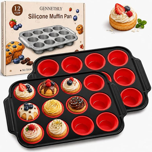 2 PCS Silicone Muffin Pans for Baking with Metal Reinforced Frame, Muffin Tin Egg Bites Mold 12-Cup Regular Size, Nonstick Muffin Cups Tray Easy to Pop Cupcake Pan for Oven - Red