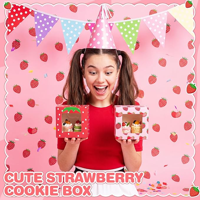 50 Pack Strawberry Cookie Boxes with Window, Berry Sweet Treat Boxes for Berry First Birthday, Strawberry & Summer Party Bakery Favors for Cookies, Macarons & Cupcakes