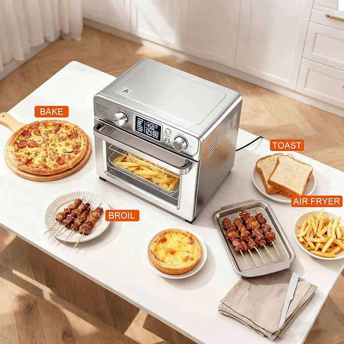 DUMOS Air Fryer Toaster Oven Combo, 23QT Toaster Ovens Countertop, 180–450°F Adjustable Temp, 60-Min Auto-Off Timer, 4-in-1 Air Fry, Toast, Broil & Bake, Stainless Steel, Accessories Included