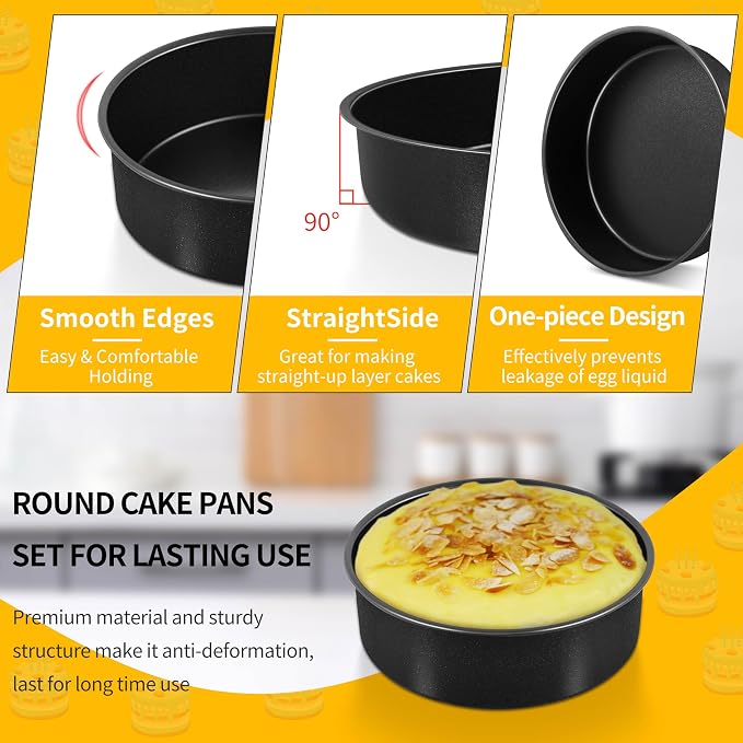 P&P CHEF Cake Pan Set of 3, Non-Stick Round Baking Cake Pans Tins for Tier Smash Cakes, Non-Toxic & Solid, Stainless Steel Core & Leak-Proof, 6 Inch
