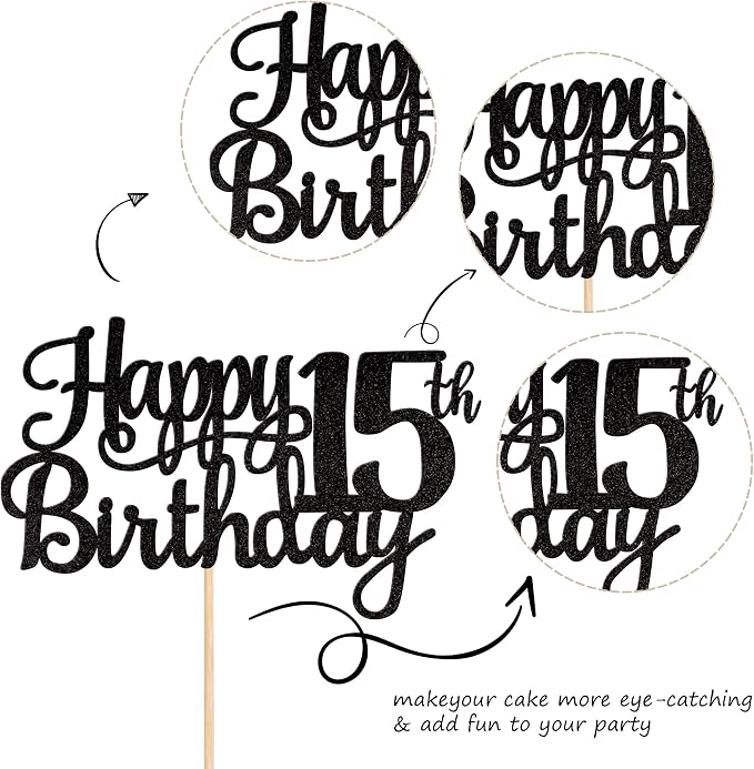 1 PCS Happy 15th Birthday Cake Topper Glitter Cheers to 15 Years Birthday Cake Pick Mis Quince 15 Fabulous Cake Decoration for Happy 15th Birthday Theme Party Decorations Supplies Black