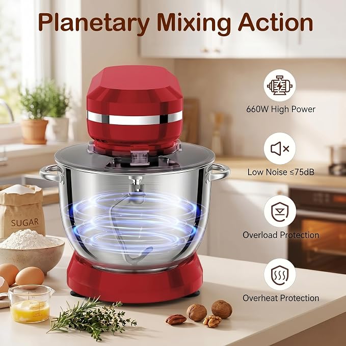 6in1 Stand Mixer with 6.5 Quart Bowl, 660W 10+p Speeds Kitchen Food Mixer Tilt-Head Bread Dough and Cake Mixers for Home Daily Use (Red)