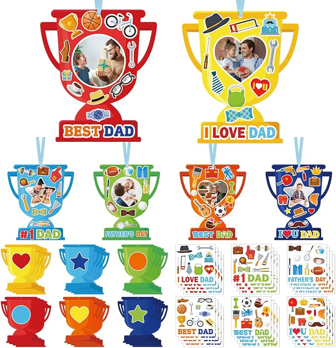 Dianelhall 24 Sets Father's Day Trophy Craft Kits I Love Dad DIY Photo Frame Best Dad Picture Frame Gift with Stickers for Happy Father's Day Decorations Classroom Holiday Party Activities(Trophy)