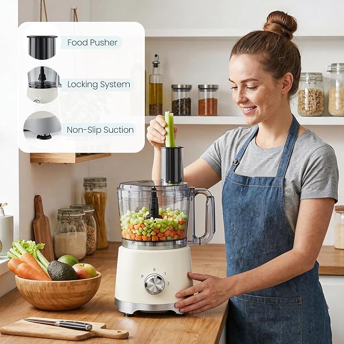 DUMOS Food Processor 10.5 Cup, 600W Electric Vegetable Chopper with French Fry Slicer, Dough Mixer, Dishwasher Safe Parts for Family Meals, Vegetables, Fries, Cheese, Puree