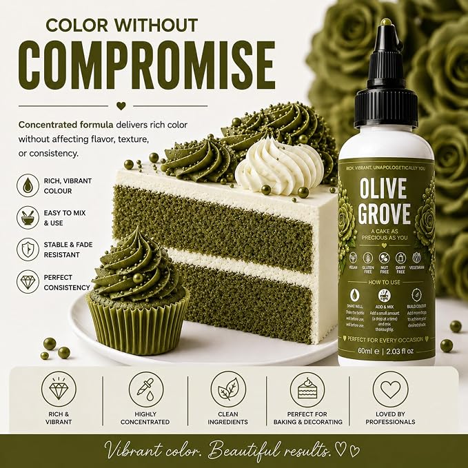 Confect Olive Grove Gel Food Coloring – Highly Pigmented Gel Based Food Color for Buttercream, Cakes, Cookies & Baking – 60mL / 2 FL OZ