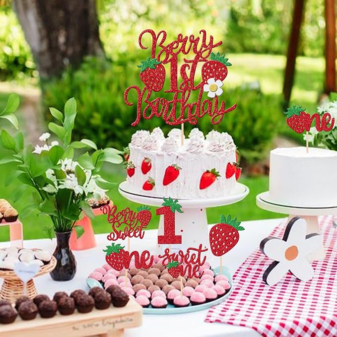 31 PCS Sweet One Strawberry Cupcake Toppers Red Berry 1st Birthday Cake Topper Strawberry First Birthday Cupcake Picks for Strawberry Theme Baby Shower 1st Birthday Party Decorations Supplies