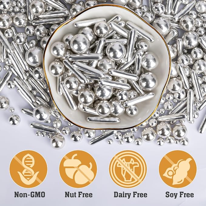 Silver Pearl Rods Sprinkles, Twisweet Edible Sugar Sprinkles for Cake Decorating Mix Size Candy Pearls for Baking Cake Topper Ice Cream Cupcake Cookie Dessert Decorations, Wedding Day Valentines Birthday Party Christmas Easter Supplies (130g/4.58oz)