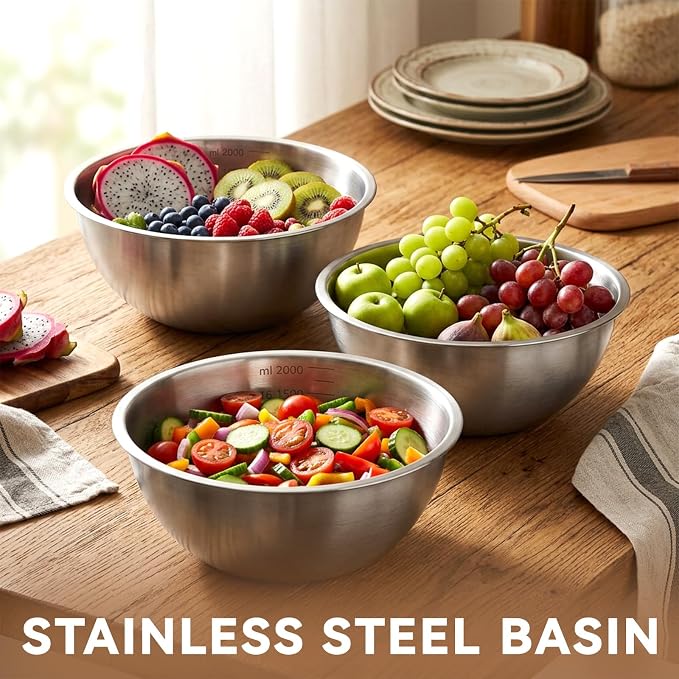 MySHUCE12Pcs Stainless Steel Mixing Bowls with Graduations for Kitchen Home | Metal Serving Salad Bowls Reusable Baking Food Storage Containers for Baking Cooking Salads Soups Fruits Cereal Noodles