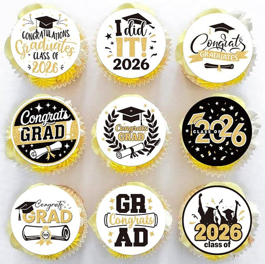 63 PCS Edible 2026 Graduation Theme Cupcake Toppers Diploma Class of 2026 Cake Decorations Edible Congrats 2026 Grad Cap Cupcake Picks for Congratulations 2026 Graduation Theme Party Supplies Gold