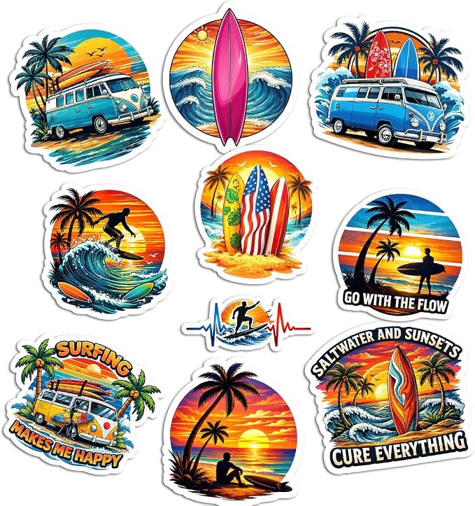 10pcs Surfing Sticker Pack – Fun Surfing Quotes and Designs – Perfect for Water Bottles, Laptops, Journals, and Gift for Surfers