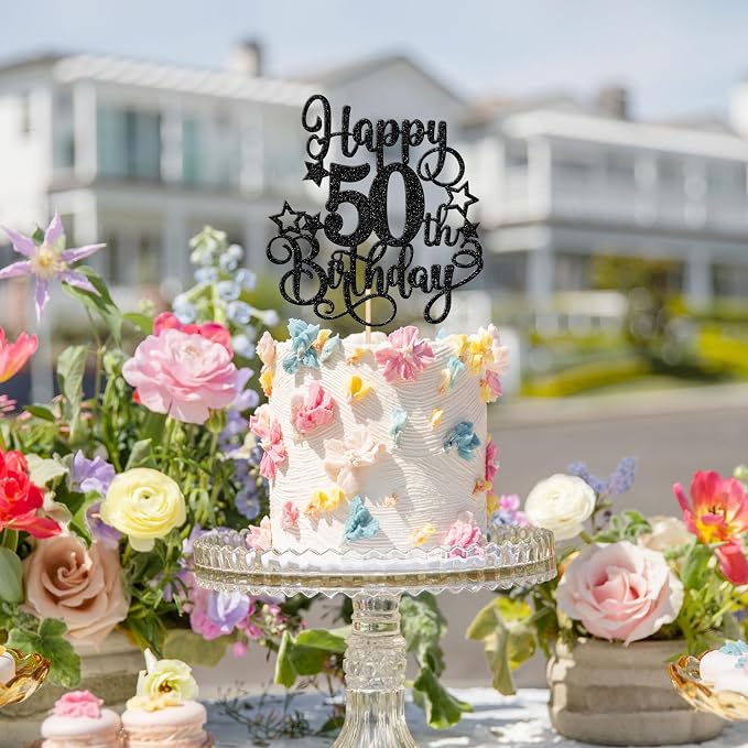 1 PCS Happy 50th Birthday Cake Topper Glitter Cheers to 50 Years Birthday Cake Pick Hello 50 Fabulous Cake Decoration for Happy 50th Birthday Anniversary Party Decorations Supplies Black