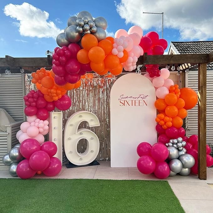 Pink and Orange Balloon Arch Kit, 180Pcs Hot Pink Orange Metallic Silver Latex Balloon Garland kit, 18 12 10 5 Inch Different Size Balloons for Birthday Baby Shower Wedding Party Decorations