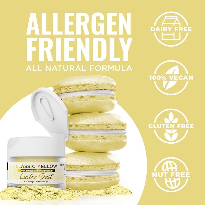 Luster Dust - Classic Yellow (4g 1x Jar) | Edible Vegan Dust & Paint for Cake Decorating, Ice Cream, Desserts, Cocktails and Beverages by Bakell