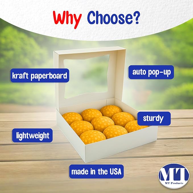 MT Products White Cookie Boxes - Size of 8" x 8" x 2.5" - (5 Pieces) Auto Pop-Up Bakery Boxes with Window - Made in the USA