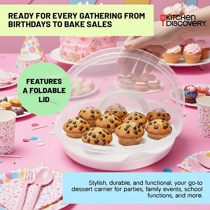 Kitchen Discovery Cupcake Carrier and Muffin Container Pie, Cake, and Cupcake Carrier with Lid and Handle for Safe Transport and Fresh Storage of a Variety of Desserts