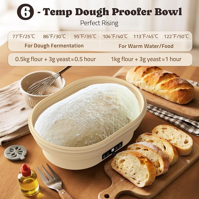 Heating Complete Sourdough Starter Kit, 4L Electric Thermostatic Silicone Oval Foldable Banneton Bread Proofing Basket with 6 Timer & Temp Settings for Dough Rising, Dishwasher Safe, Bread Making Kit