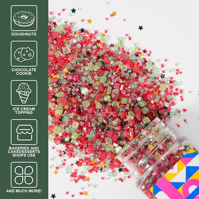 Christmas Red Sanding Sugar Edible Gold Glitter Stars Mix Sugar Sprinkles for Cake Decorating Sparkling Sanding Sugar for Cupcake Toppers Cookie Decorations Wedding Party Celebrations 3.5oz