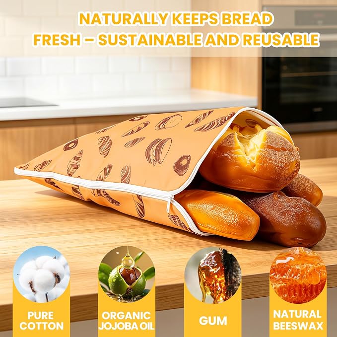 2 Pack Wide Zipper Access Beeswax Bread Bags for Sourdough Bread, Reusable Organic Linen Beeswax Bread Bag for Homemade Sourdough for Homemade Bag to Keep Fresh Longer, Kitchen Storage (Brown)